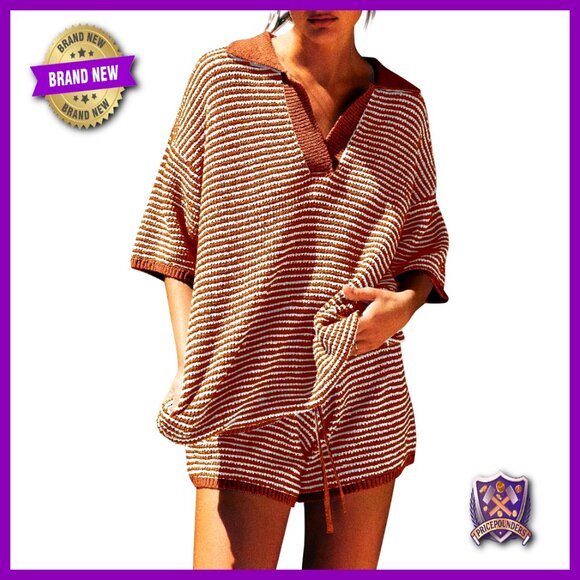 Other - Oversized 3/4 Sleeve V-Neck Sweater Set with High Waisted Shorts Lounge Outfit